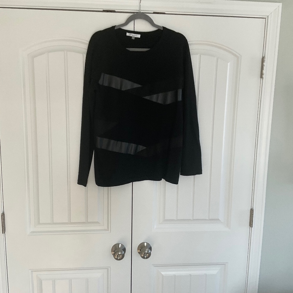 Sioni Black Faux XL  Leather and Suede Front Slimming Sweater